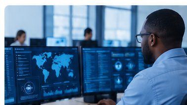 Security professional working at computer monitors